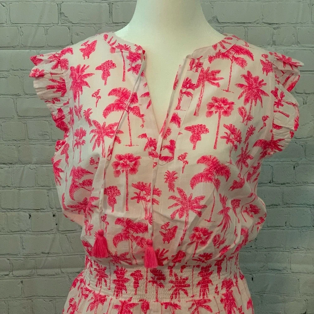 Vineyard Vines Pink Palm Print Ruffle Cap-Sleeve Dress - Picture 2 of 5